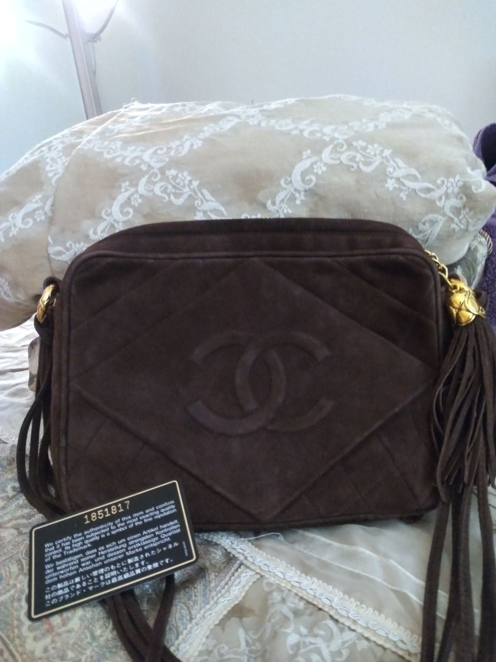 CHANEL Dark Brown Suede Quilted Crossbody with Tassel and Gold Charm - Picture 5 of 9
